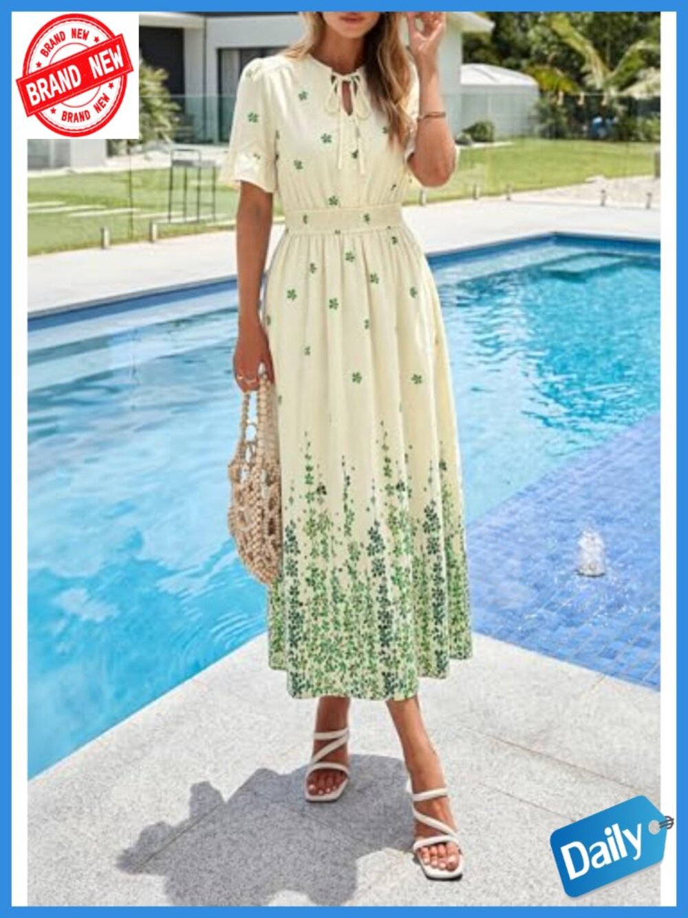 Boho Floral Maxi Dress Short Sleeve Tie V-Neck with Pockets - Picture 5 of 6